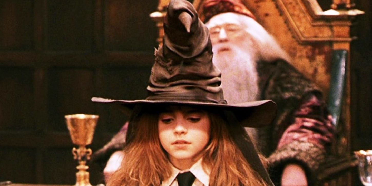 Hermione Granger seated under the Sorting Hat during the welcoming banquet