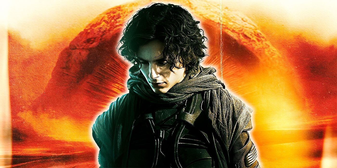 Paul Atreides diante de um gigantesco verme da areia no deserto de Duna