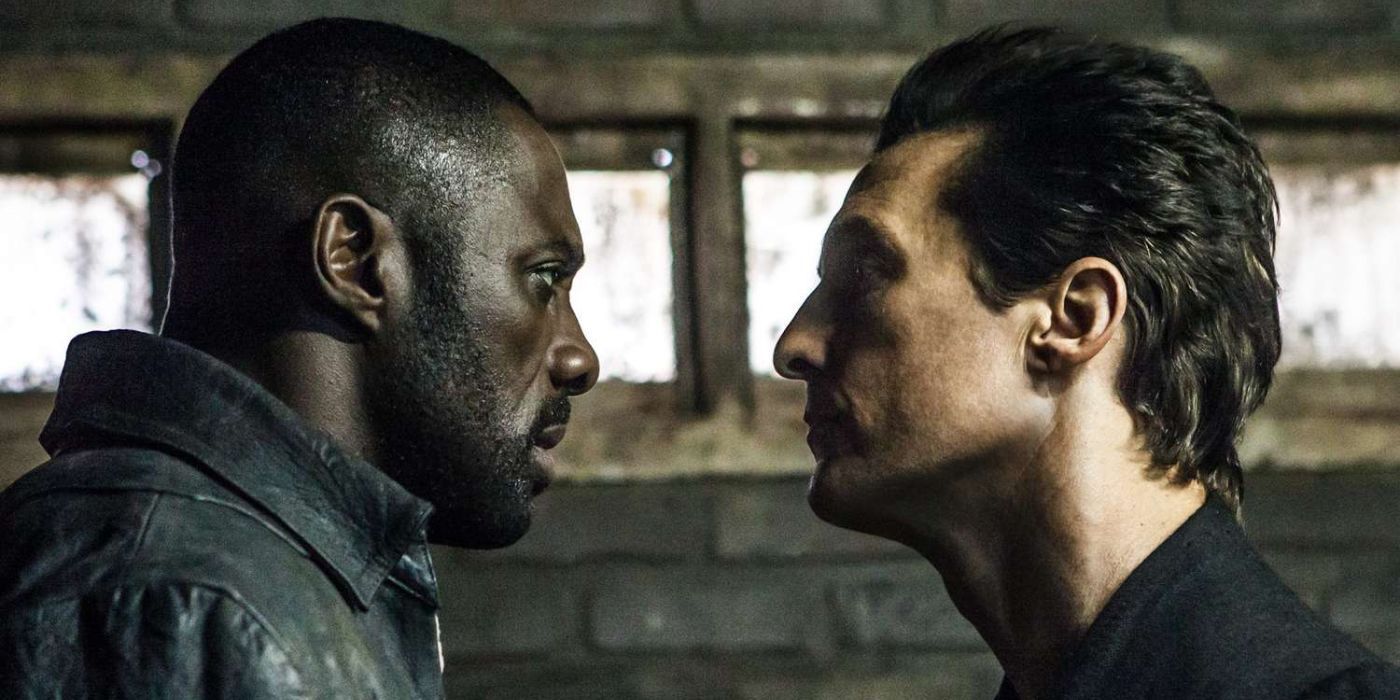 Idris Elba como Roland Deschain e Matthew McConaughey como o Homem de Preto no filme A Torre Negra de 2017