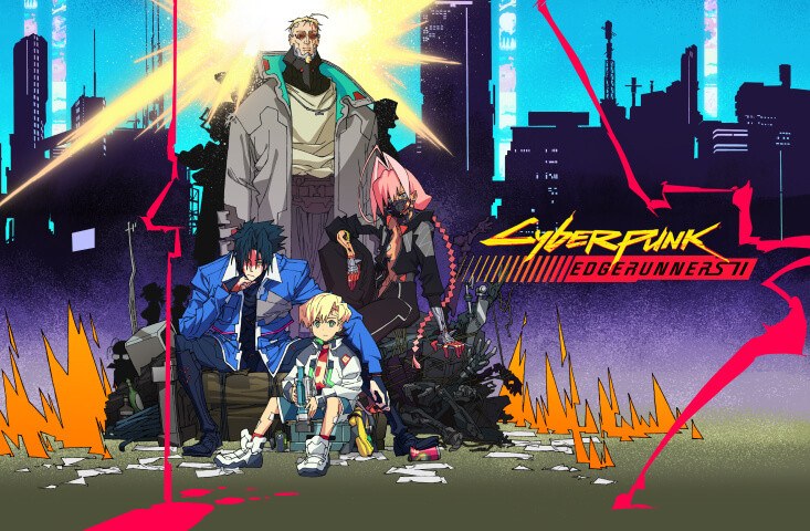 Key art oficial de Cyberpunk: Edgerunners 2 com a nova turma de personagens contra a paisagem de Night City
