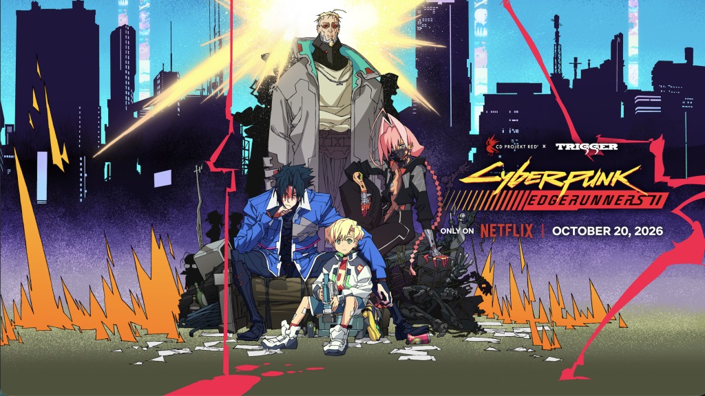 Pôster oficial de Cyberpunk: Edgerunners 2 com o grupo de novos personagens diante do horizonte de Night City, o logotipo da série e a inscrição Only on Netflix, October 20, 2026