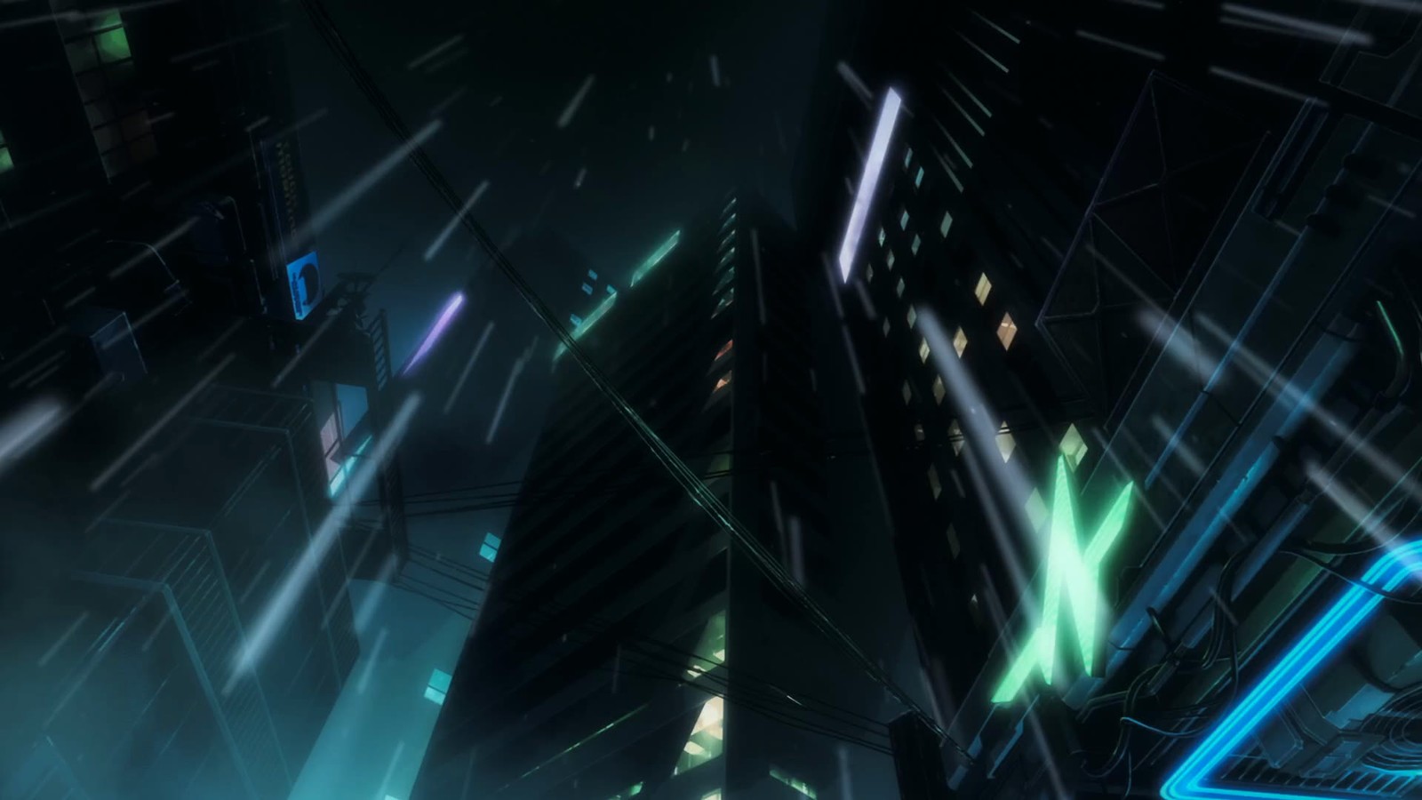Vista da cidade futurista de Night City sob chuva, com arranha-céus iluminados por letreiros de neon verde e azul, em arte oficial da franquia Cyberpunk