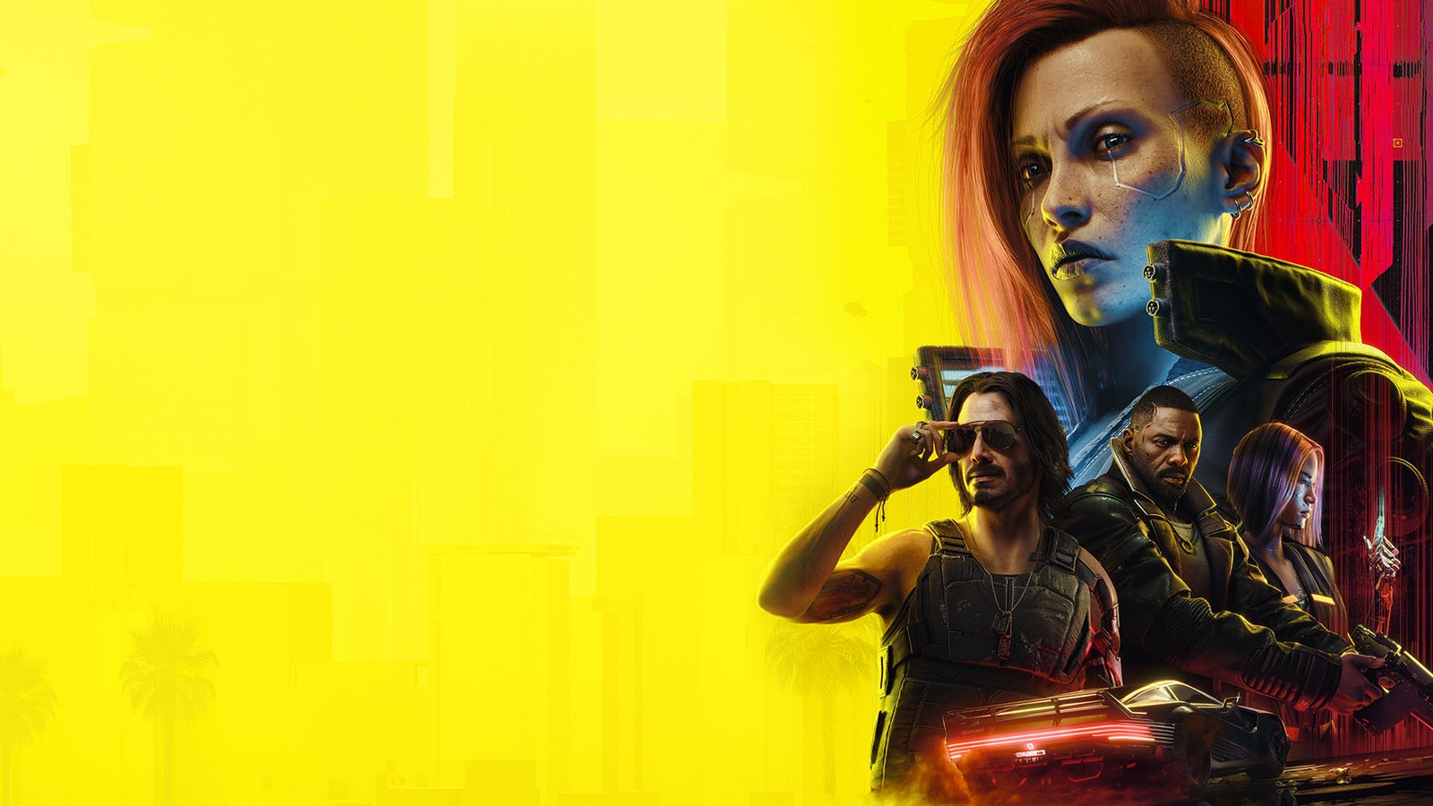 Arte oficial de Cyberpunk 2077 com a mercenária V, Johnny Silverhand e outros personagens diante de um fundo amarelo da cidade de Night City