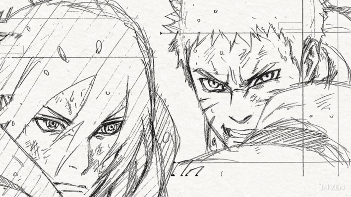 Authentic pencil sketch drawn by Masashi Kishimoto showing intense facial expressions of Naruto and Sasuke
