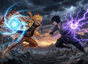 Ilustração cinematográfica de Naruto adulto com capa de Hokage e Rasengan contra Sasuke com Chidori elétrico