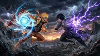 Ilustração cinematográfica de Naruto adulto com capa de Hokage e Rasengan contra Sasuke com Chidori elétrico